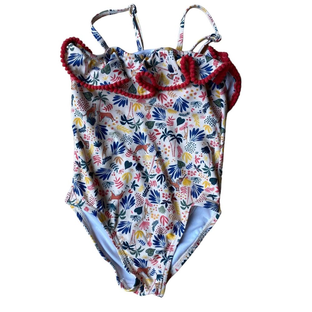 Toddler Girl One-Piece Tropical Pom Ruffle Swimsuit Jungle Cheetah Beach 3-4yr